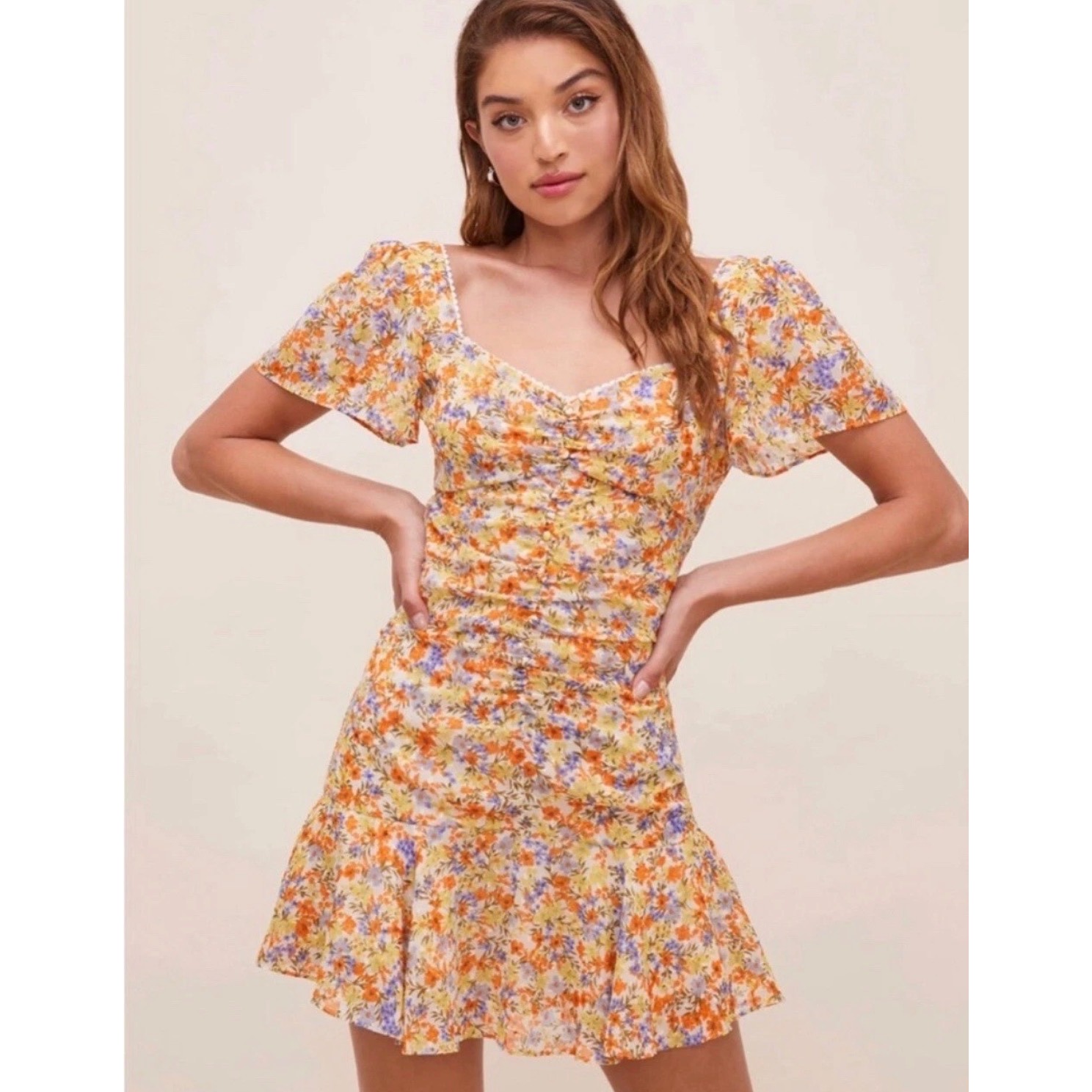 Astr The Label So Smitten Floral Ruched Mini Dress Orange Yellow Size Large